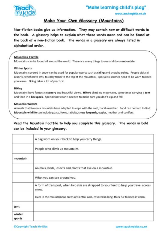 Worksheets for kids - make-your-own-glossary-mountains